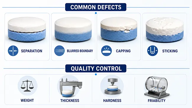 bilayer tablet defects and quality control checks for layer separation capping and blurred boundary