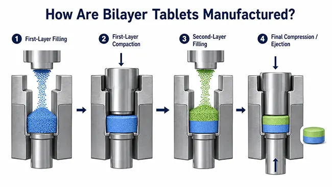 bilayer tablet manufacturing sequence with first layer filling second layer filling and final compression