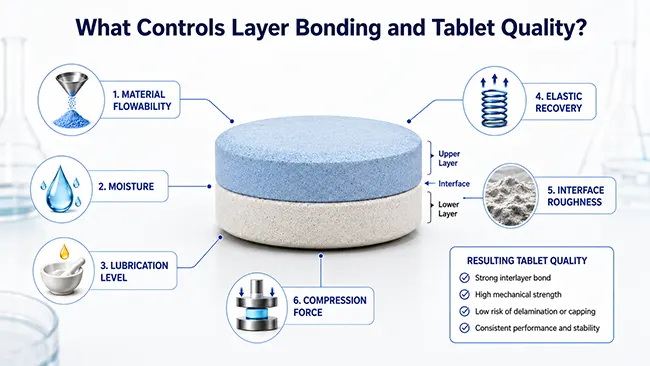 bilayer tablet layer bonding factors including interface roughness elastic recovery moisture and lubrication