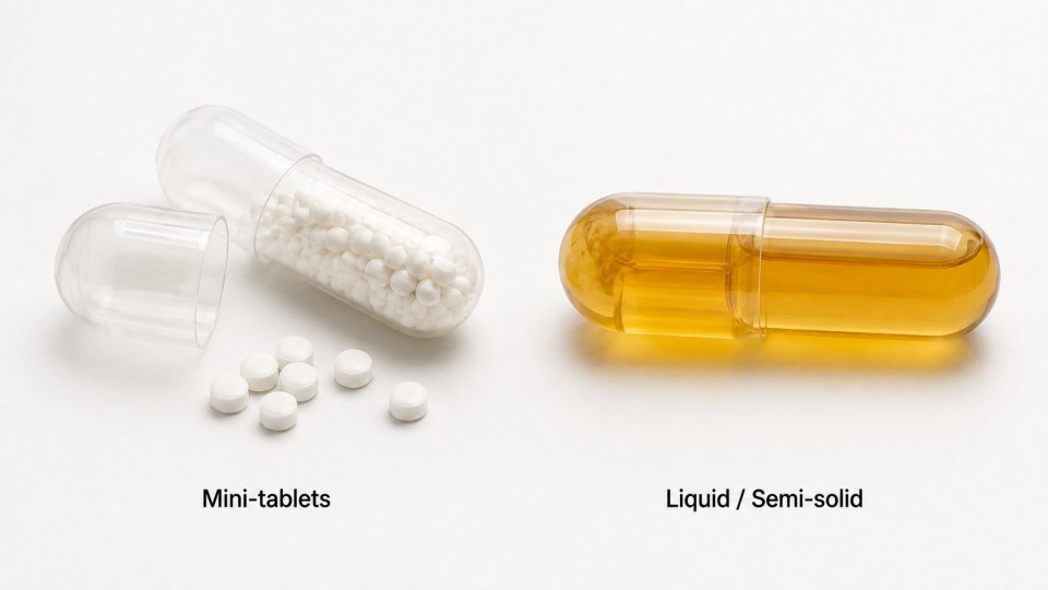 Hard capsules containing mini-tablets and liquid or semi-solid fills