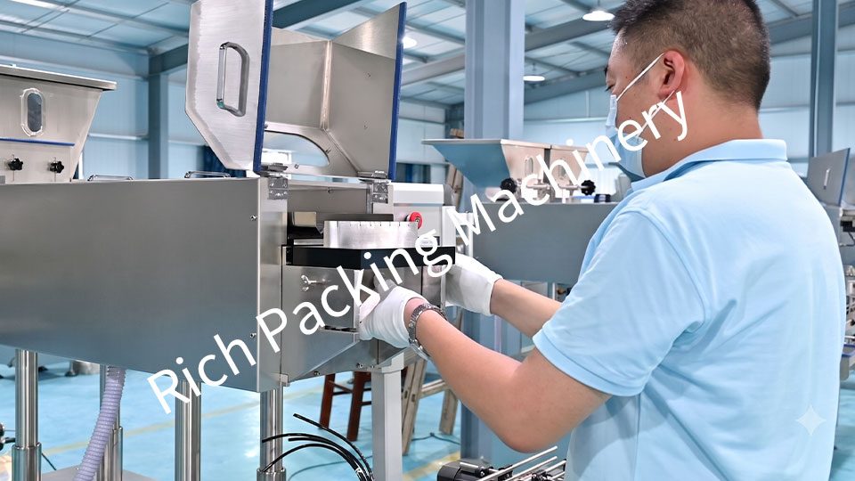 Workers are installing the counting system of the tabletcapsule counter.