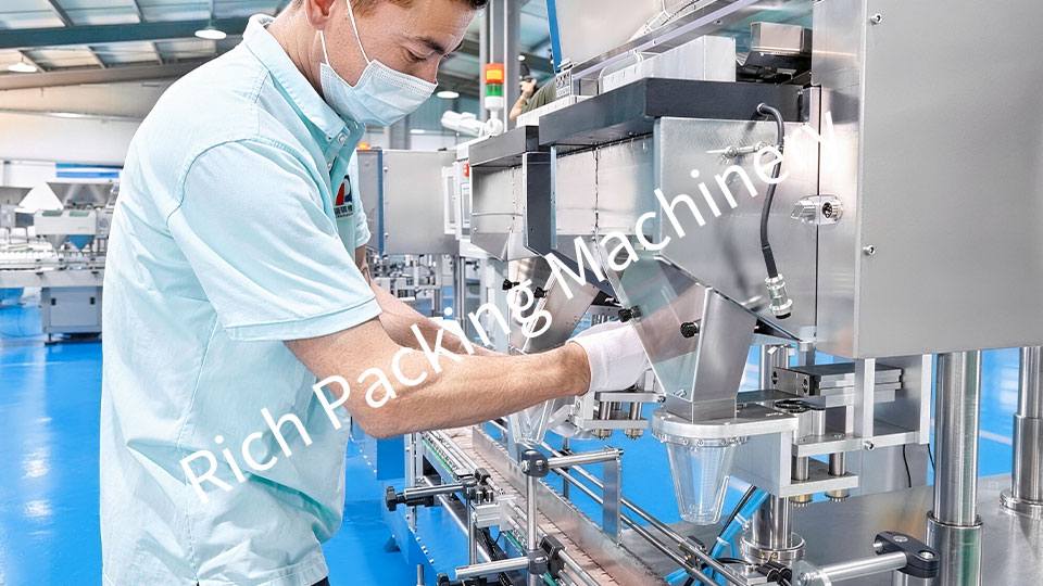 Workers are assembling a tablet counting machine.