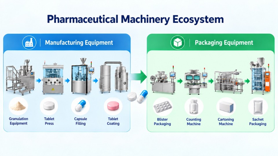 Pharmaceutical manufacturing and packaging machinery ecosystem