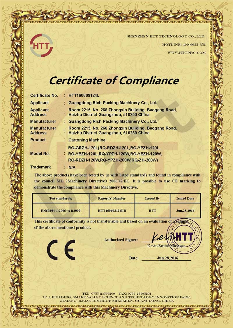 Rich Packing's Cartoning Machine CE certification